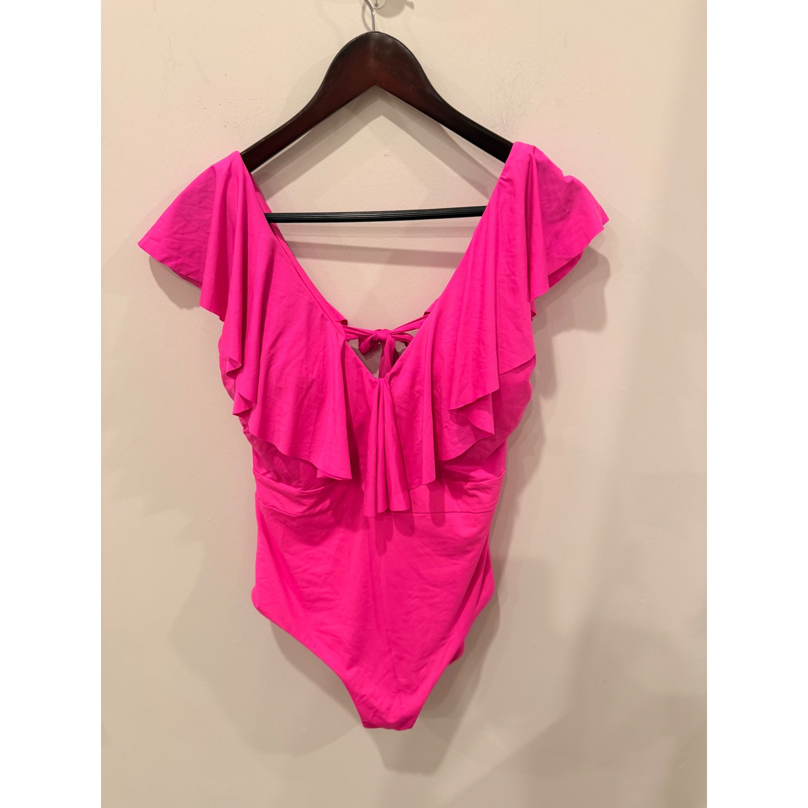 Trina Turk Womens Hot Pink Ruffle V-Neck Tie Back One Piece Swimsuit 12 3231135m